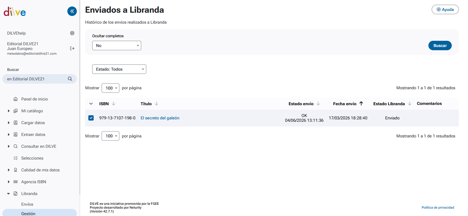 Gestión de envíos de metadatos a Libranda
