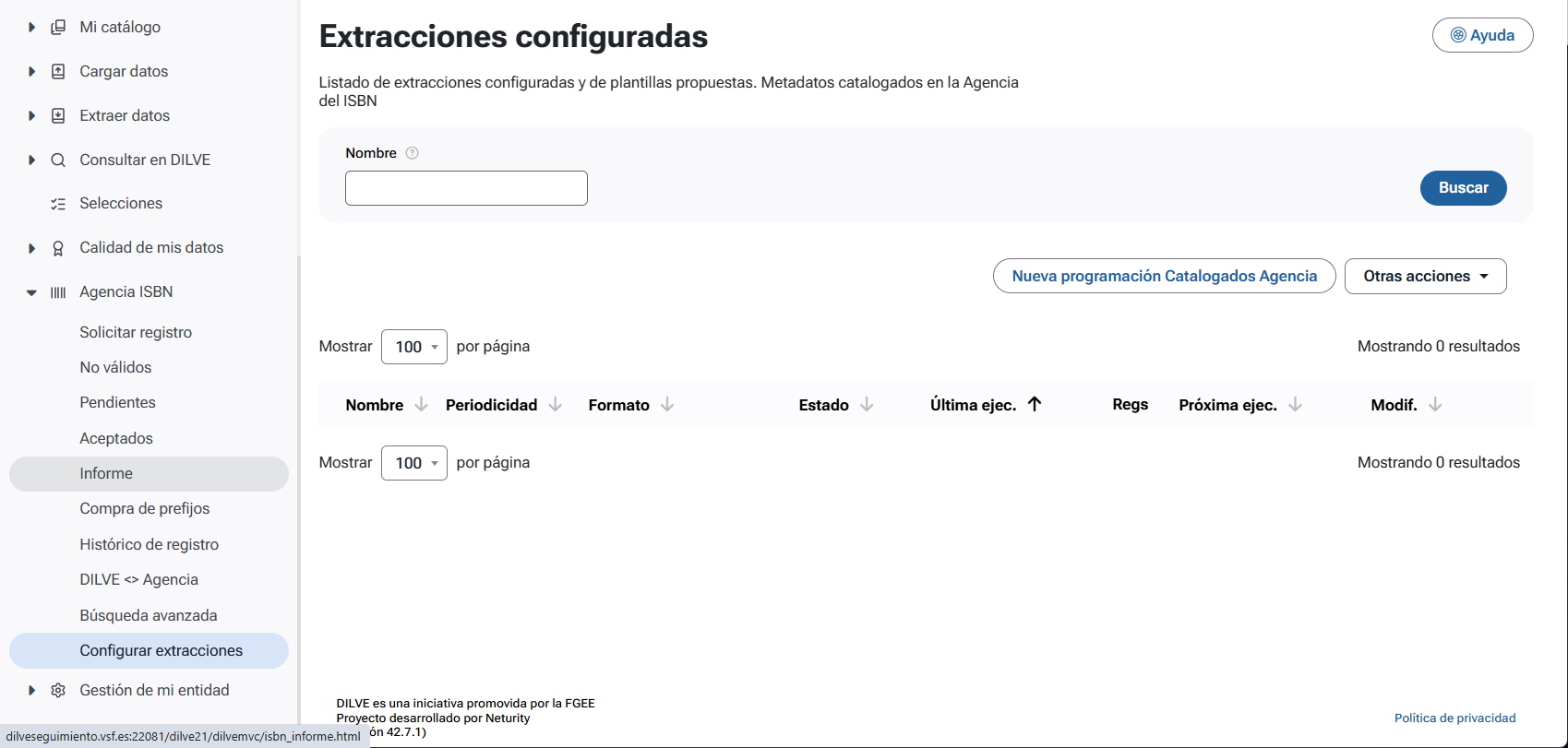 Listado de extracciones de metadatos en Agencia del ISBN
