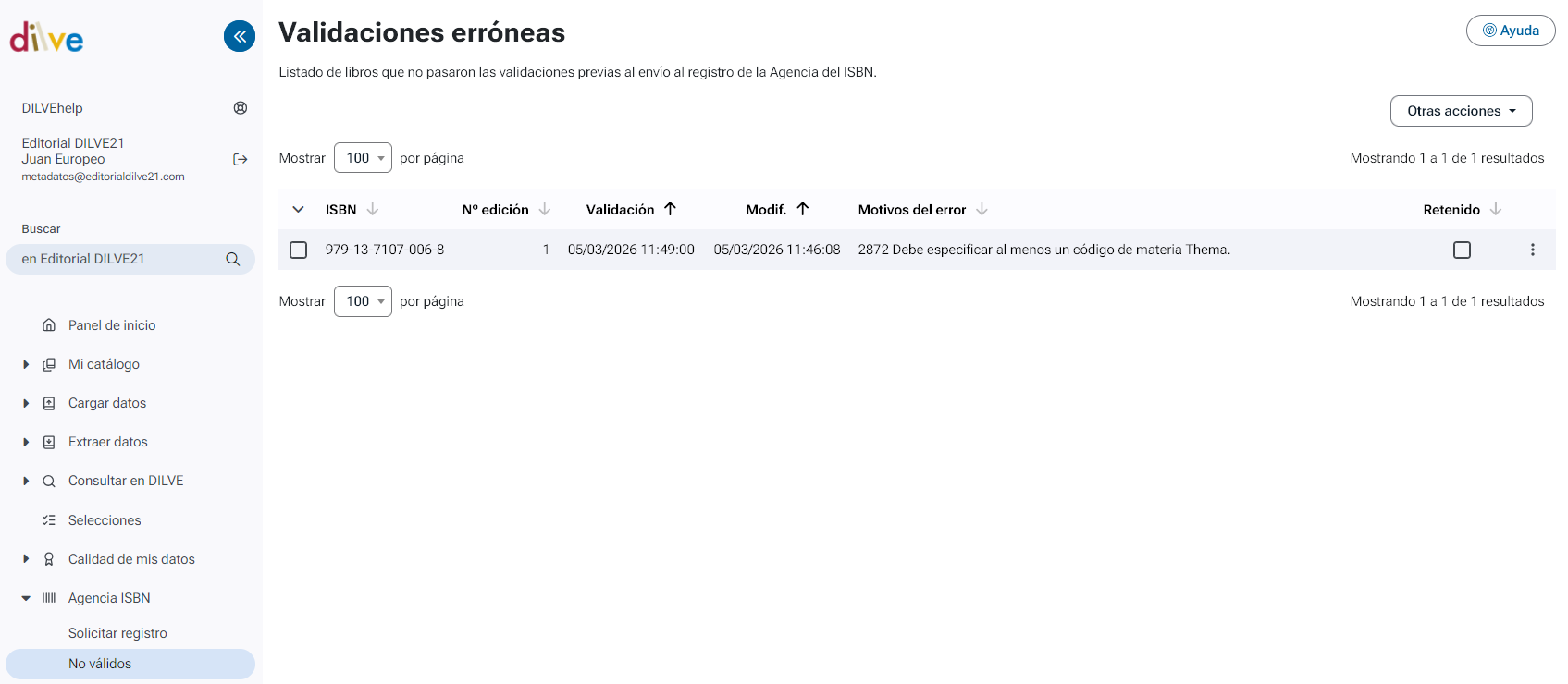 Listado de ISBN no válidos en registro en la Agencia