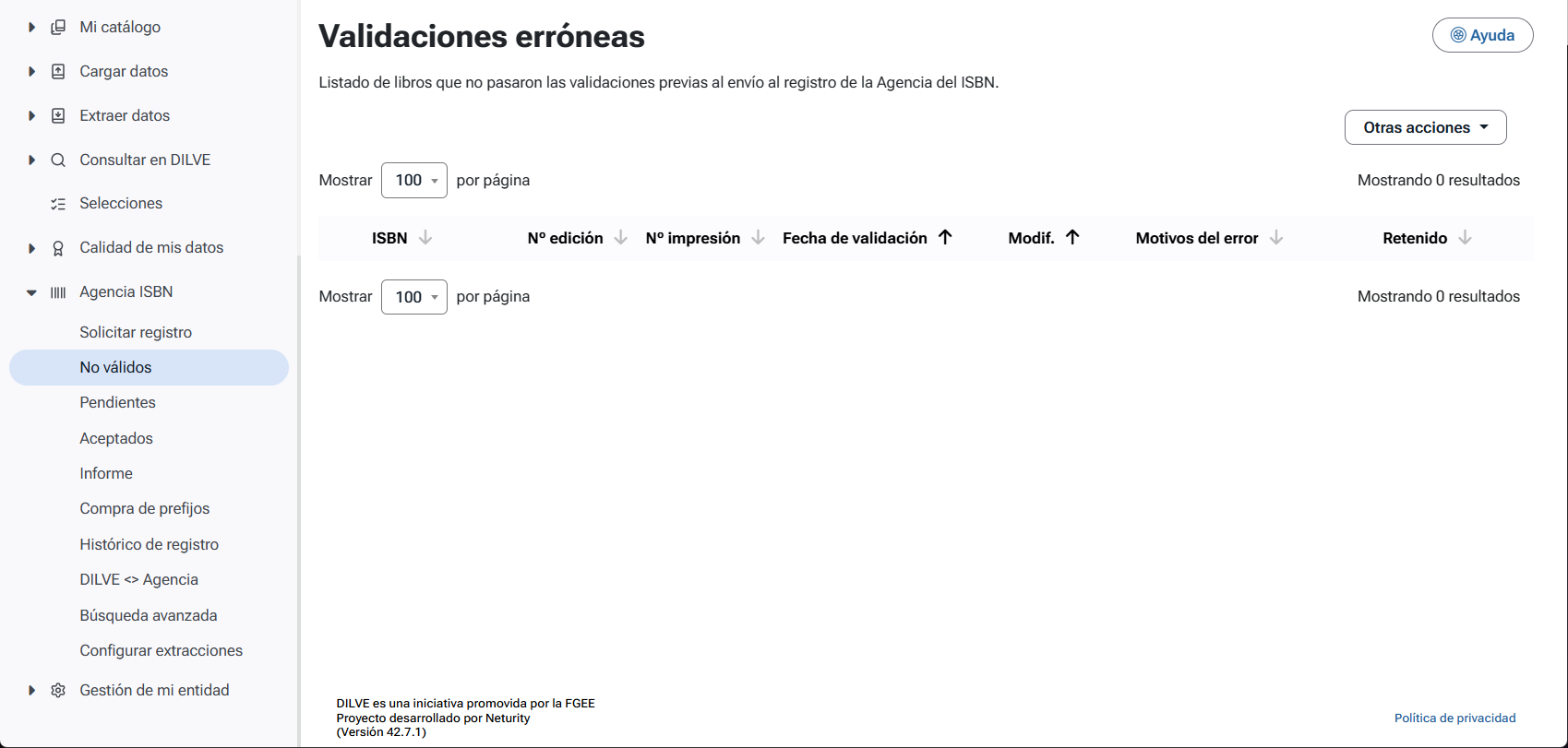 Listado de ISBN no válidos en registro en la Agencia