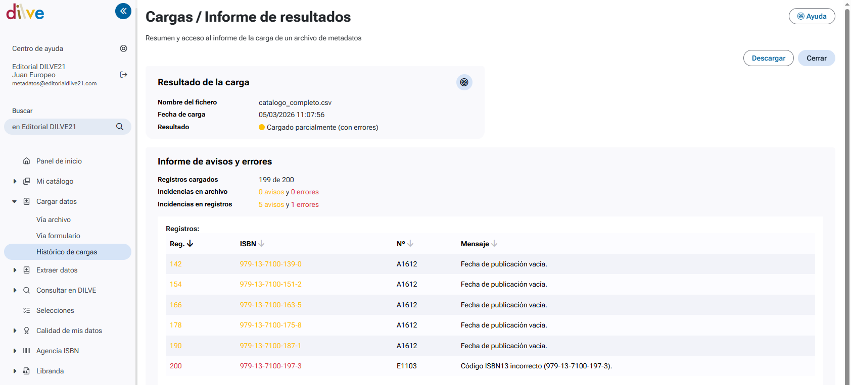 Ejemplo informe de carga en formato HTML