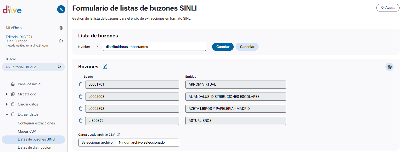 Formulario de lista de buzones SINLI